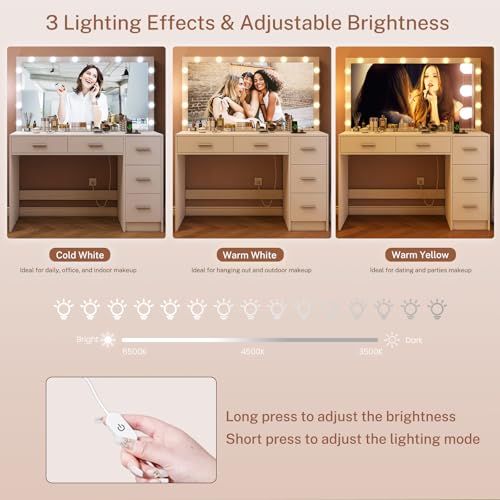 Makeup Vanity Desk with Mirror, 10 Lights, 5 Drawers, 3 Storage Shelves, 3 Color Modes & Adjustable Brightness Dressing Table, 35.4?? Desk, Black - Image 6