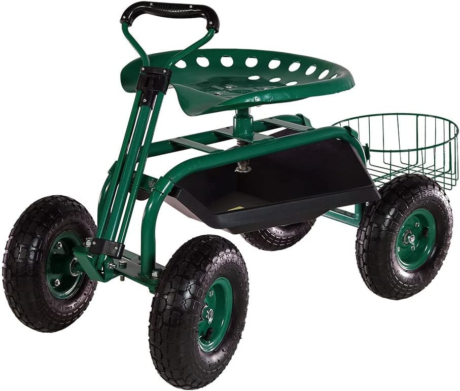 Sunnydaze Garden Cart Rolling Scooter with Extendable Steer Handle?? Swivel Seat and Utility Tool Tray?? Green