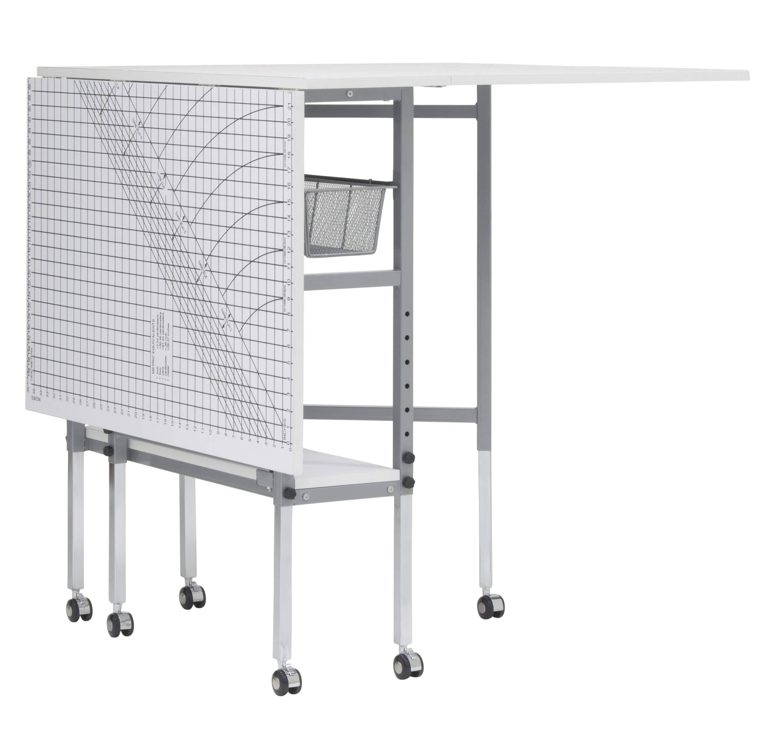 Sew Ready Mobile Folding Height Adjustable Quilting Fabric Cutting Table with Sewing Board Grid and Storage in Silver/White Top