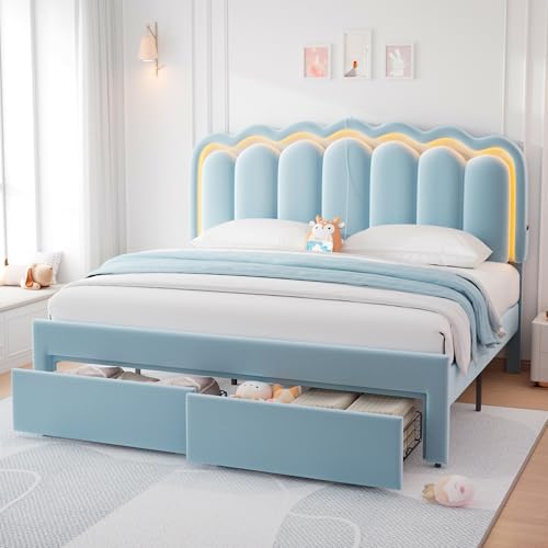 Twin Upholstered LED Bed Frame with Storage Drawer and Adjustable Chic Double Wavy Headboard, Velvet Princess Platform Bed for Kids/Girls, Solid Wood Slats Support, No Box Spring Needed, Beige - Image 6