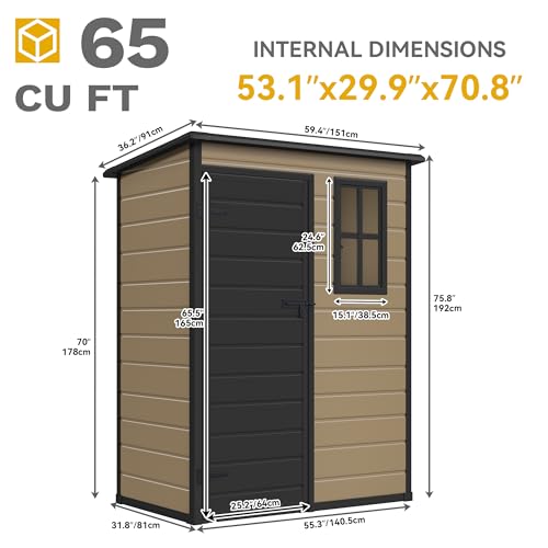 DWVO 5x3ft Resin Outdoor Storage Shed with Floor, Waterproof Lockable Storage Shed with Window, Plastic Outside Tool Storage for Garden, Backyard, Patio, Lawn, Gray - Image 9