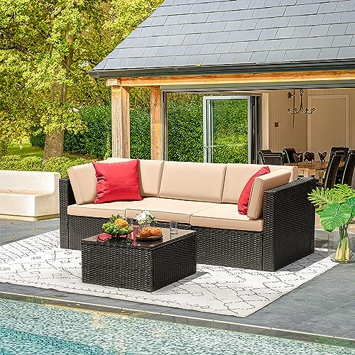 Devoko Patio Furniture Sets 6 Pieces Outdoor Sectional Rattan Sofa Manual Weaving Wicker Patio Conversation Set with Glass Table and Cushion (Beige) - Image 4