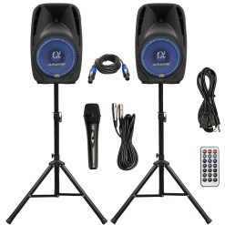 Pair Alphasonik All-in-One 12×22 Powered 1500W Pro DJ Amplified Loud Speakers with Bluetooth USB SD Card Aux MP3 FM Radio PA Sys