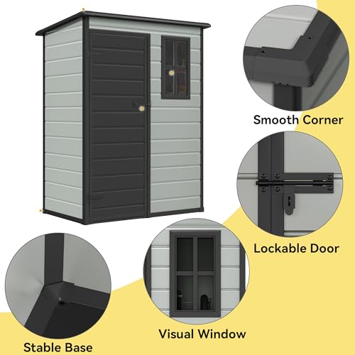 DWVO 5x3ft Resin Outdoor Storage Shed with Floor, Waterproof Lockable Storage Shed with Window, Plastic Outside Tool Storage for Garden, Backyard, Patio, Lawn, Gray - Image 13