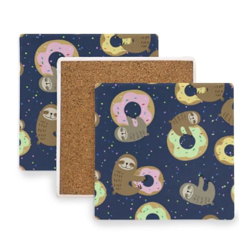 Donut Sloth Square Coasters for Drinks 4 Packs, Absorbent Heat-Resistant Ceramic Stone Coaster Desktop Protector with Cork Base for Kitchen Bar Home Decor, 3.9 Inch - Image 2