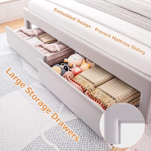 Twin Upholstered LED Bed Frame with Storage Drawer and Adjustable Chic Double Wavy Headboard, Velvet Princess Platform Bed for Kids/Girls, Solid Wood Slats Support, No Box Spring Needed, Beige - Image 57