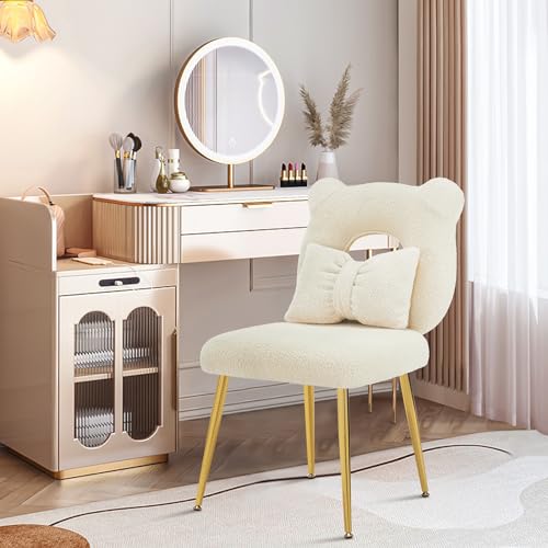 Furnimart Cute Vanity Chair, Bear Shape Makeup Chair with Backrest Pillow, Comfy Accent Chair Desk Chair Teddy fabric with Golden Metal Legs for Living Room/Dressing Room/Home Office Green - Image 4