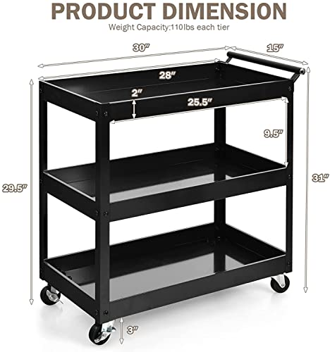Goplus 3-Tier Utility Cart, Heavy Duty Commercial Service Tool Cart w/Lockable Wheels, 330lbs Load Capacity, Ergonomic Handle, Rolling Mechanic Tool Cart Storage Organizer for Warehouse Garage Black - Image 3