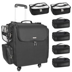 Relavel Rolling Makeup Train Case, Hairstylist Traveling Bag with 4 Wheels, Heat Insulation Full Layer, Adjustable Dividers, Hair Tools and Cosmetics Storage Organizer Trolley Suitcase Makeup Cart