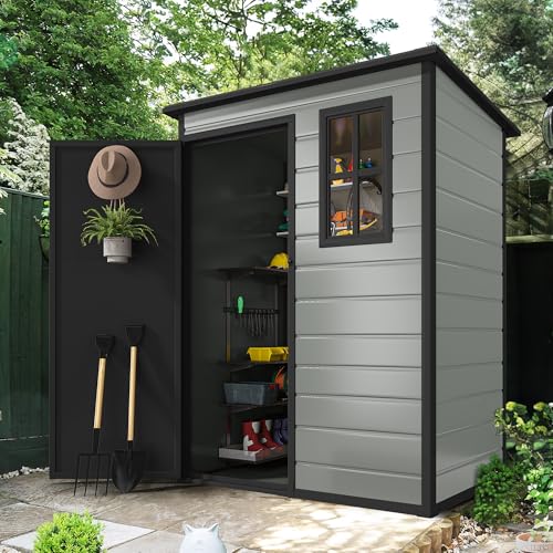 DWVO 5x3ft Resin Outdoor Storage Shed with Floor, Waterproof Lockable Storage Shed with Window, Plastic Outside Tool Storage for Garden, Backyard, Patio, Lawn, Gray - Image 12