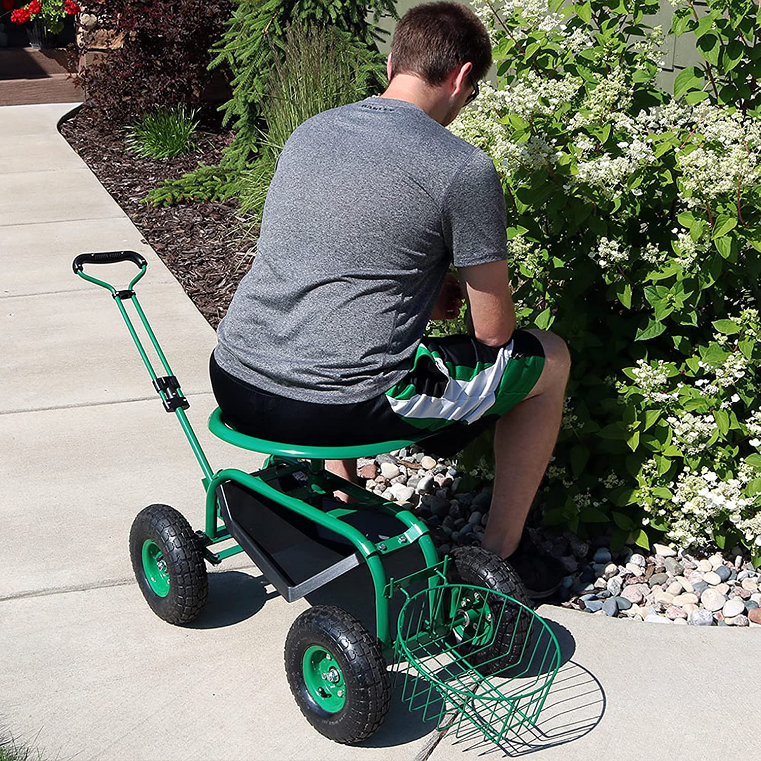 Sunnydaze Garden Cart Rolling Scooter with Extendable Steer Handle?? Swivel Seat and Utility Tool Tray?? Green - Image 7