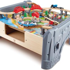 Hape E3766 70 Piece Railway Train Table and Set Toy with Battery Powered Locomotive with Removable Playmat Surface and Storage for Kids 3 Years and Up