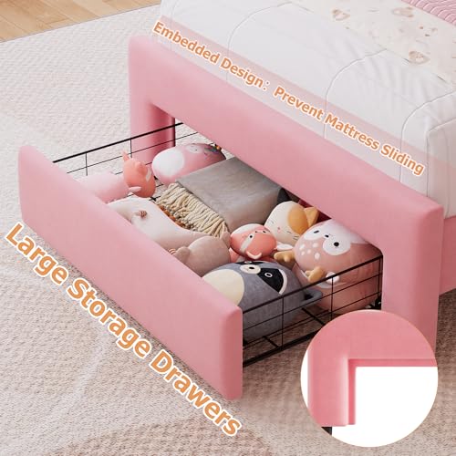 Twin Upholstered LED Bed Frame with Storage Drawer and Adjustable Chic Double Wavy Headboard, Velvet Princess Platform Bed for Kids/Girls, Solid Wood Slats Support, No Box Spring Needed, Beige - Image 88