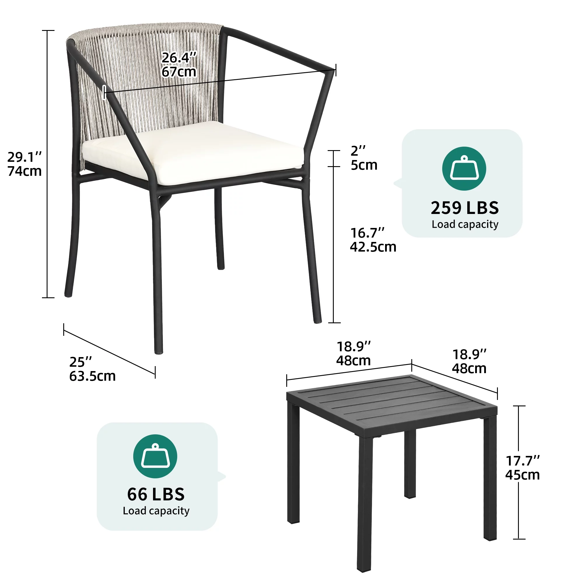 Dextrus 3-Piece Patio Conversation Bistro Set, Outdoor Wicker Dining Table Chairs Set, With 2 Stackable Chairs, Cushions, Side Table – White - Image 4