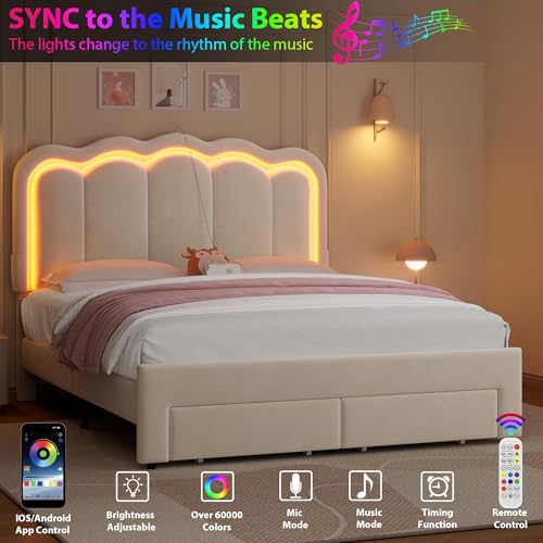 Twin Upholstered LED Bed Frame with Storage Drawer and Adjustable Chic Double Wavy Headboard, Velvet Princess Platform Bed for Kids/Girls, Solid Wood Slats Support, No Box Spring Needed, Beige - Image 5