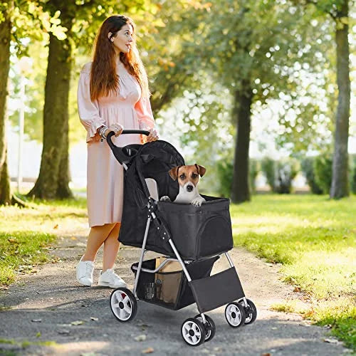 BBBuy 4 Wheels Foldable Pet Dog Cat Jogger Stroller Travel Carrier Strolling Cart w/Waterproof Cover Storage Basket Cup Holder & Removable Liner for Medium Small Cat Dog, Black - Image 2