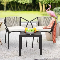 Dextrus 3-Piece Patio Conversation Bistro Set, Outdoor Wicker Dining Table Chairs Set, With 2 Stackable Chairs, Cushions, Side Table – White