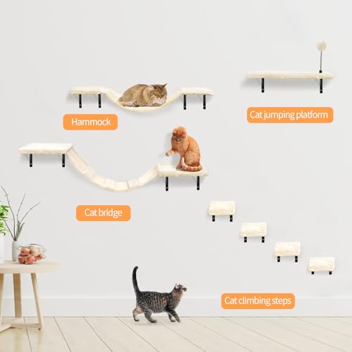 Wall-Mounted Cat Climber Set with Climbing Shelves, Perches, Bridge,Hammock,Scratching Board & Ball – 7 Pcs Wood Indoor Cat Furniture for Kittens Play (Beige) - Image 8