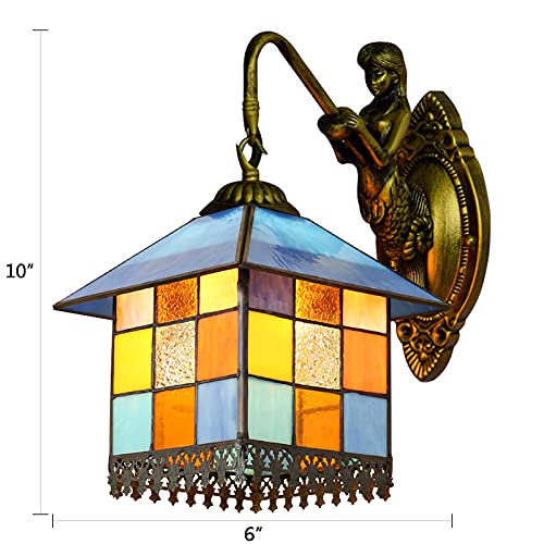 LITFAD Tiffany Style Stained Glass Wall Sconce Lighting, Mediterranean Aqua Petal Shape LED Wall Lamp Flower 1 Light Tiffany Antique Brass Wall Mount Lamp for Bedroom Villa Restaurant, Blue - Image 3