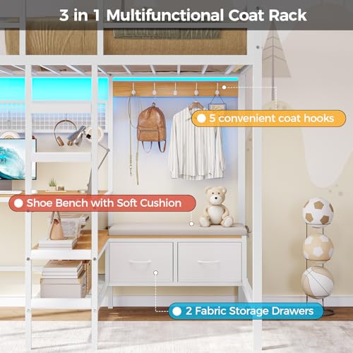 DICTAC Twin Loft Bed with L-Shaped Desk,Storage Shelves and Charging Station Metal Loft Bed Twin Size with LED Lights,Coat Rack with Drawers and Stair,Top Bunk with Safety Guardrail for Teen,Black - Image 15