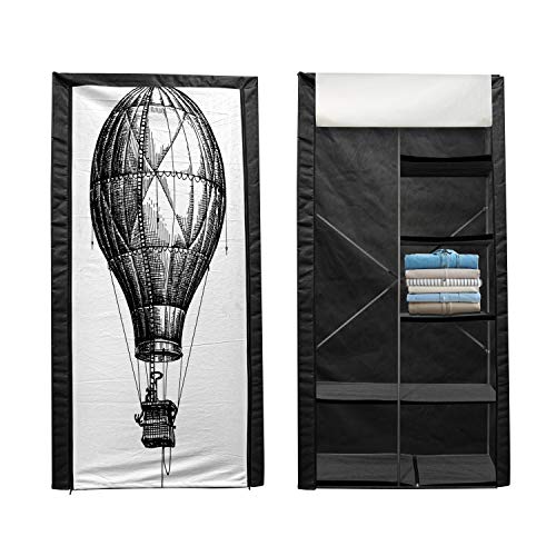 Ambesonne Sketchy Portable Fabric Wardrobe, Big Hot Air Balloon in The Sky Vintage Style Travel and Transportation Theme Art, Clothing Organizer and Storage Closet with Shelves, 42.5, Black White - Image 2