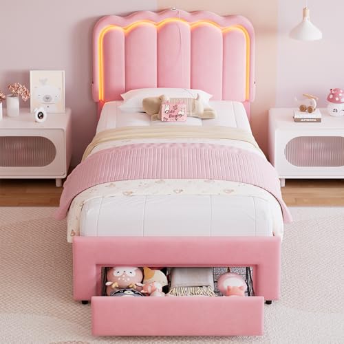 Twin Upholstered LED Bed Frame with Storage Drawer and Adjustable Chic Double Wavy Headboard, Velvet Princess Platform Bed for Kids/Girls, Solid Wood Slats Support, No Box Spring Needed, Beige - Image 87