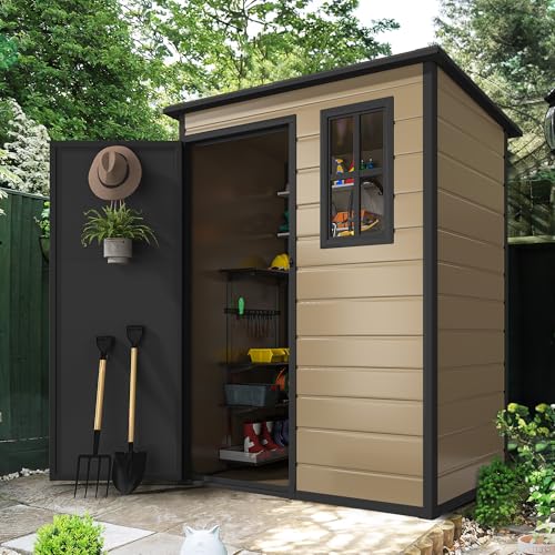 DWVO 5x3ft Resin Outdoor Storage Shed with Floor, Waterproof Lockable Storage Shed with Window, Plastic Outside Tool Storage for Garden, Backyard, Patio, Lawn, Gray - Image 5