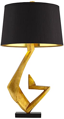 Possini Euro Design Zeus Mid Century Modern Glam Luxury Table Lamp 28.5 Tall Sculptural Gold Leaf Metal Black Fabric Tapered Drum Shade Decor for Living Room Bedroom House Bedside Nightstand Home - Image 9