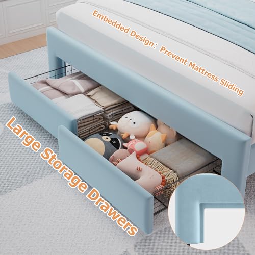 Twin Upholstered LED Bed Frame with Storage Drawer and Adjustable Chic Double Wavy Headboard, Velvet Princess Platform Bed for Kids/Girls, Solid Wood Slats Support, No Box Spring Needed, Beige - Image 42