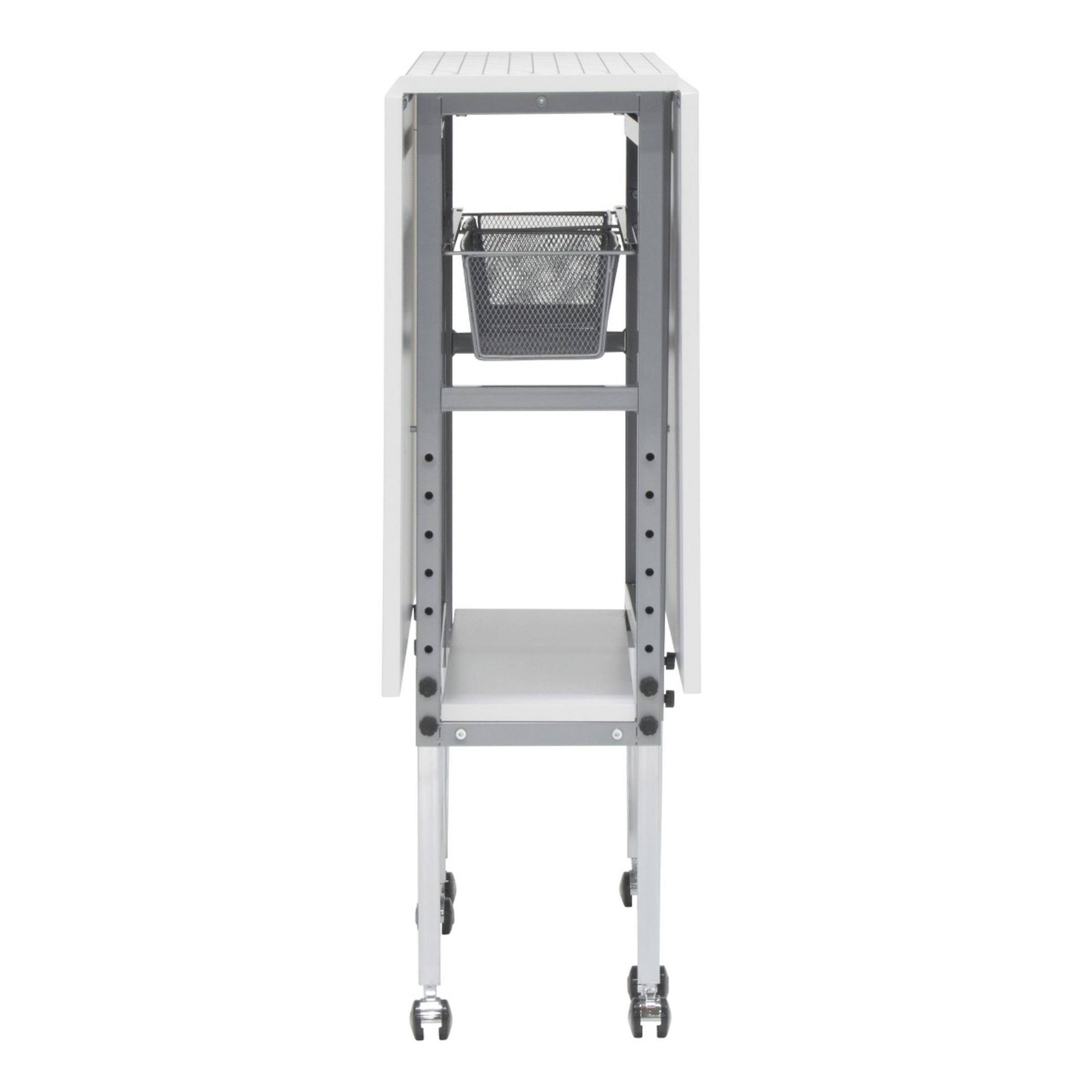 Sew Ready Mobile Folding Height Adjustable Quilting Fabric Cutting Table with Sewing Board Grid and Storage in Silver/White Top - Image 5