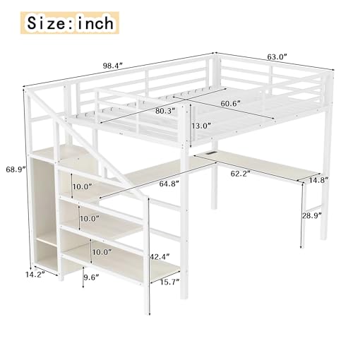 SOFTSEA Queen Size Metal Loft Bed with L-Shaped Desk and Wardrobe, Metal Bed Frame with USB and Adjustable Shelf, High Loft Bed with LED for Bedroom, No Box Spring Needed, White Wood Grain - Image 2