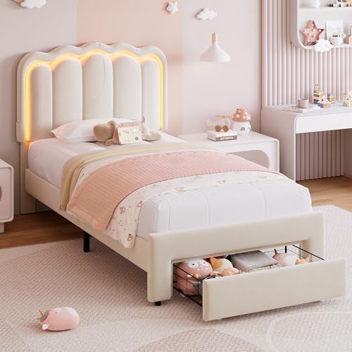 Twin Upholstered LED Bed Frame with Storage Drawer and Adjustable Chic Double Wavy Headboard, Velvet Princess Platform Bed for Kids/Girls, Solid Wood Slats Support, No Box Spring Needed, Beige - Image 69