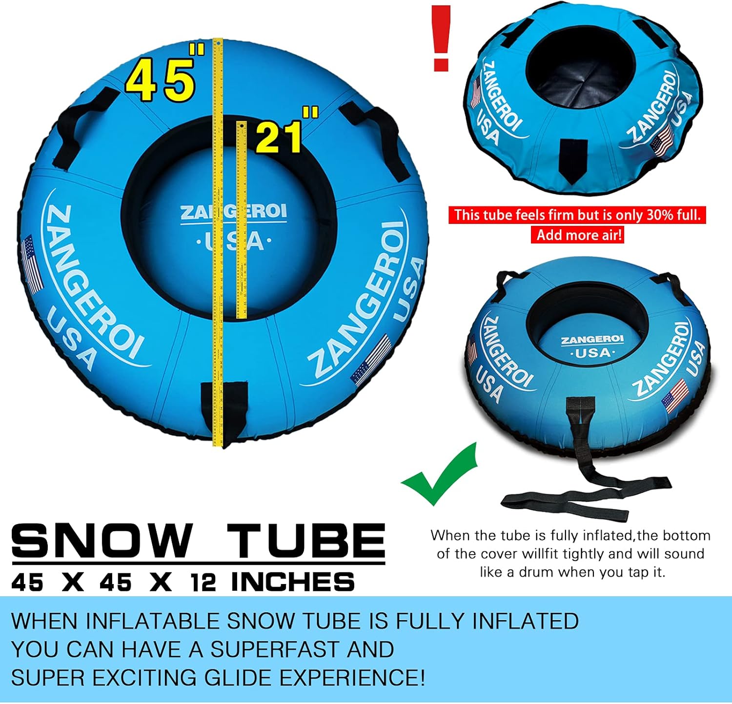 Snow Tube Snow Tubes Heavy Duty Snow Tube for Kids Adult Snow Tube 45inch, Snow Sled Sledding Tube, Inflatable Snow Tube for Kids Snow Tubes for Sledding Towable Double Rubber Snow Tube with Cover - Image 7