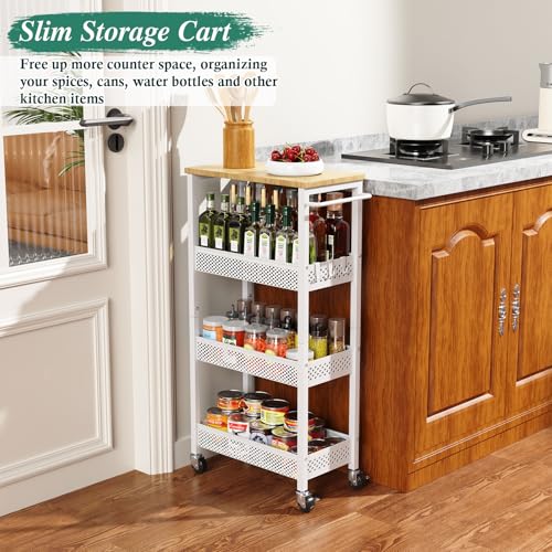 Utility Slim Storage Cart, 4 Tier Small Rolling Kitchen Laundry Room Cart with Wood Top, Metal Narrow Bathroom Storage Cabinet Mobile Shelf Unit Organizer Trolley with Handle for Narrow Space - Image 35