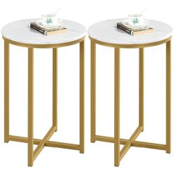 Yaheetech Faux Marble Side Table, 16in End Table Modern Accent Sofa Table w/X-Based, Round Tabletop, Sturdy Metal Legs for Living Room, Black