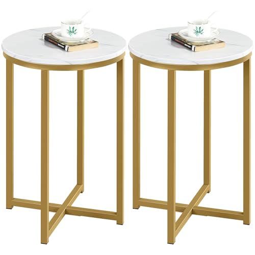Yaheetech Faux Marble Side Table, 16in End Table Modern Accent Sofa Table w/X-Based, Round Tabletop, Sturdy Metal Legs for Living Room, Black