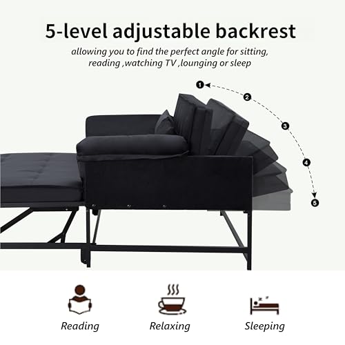 3 in 1 Sleeper Sofa Bed, Futon Sofa Bed for Living Room with Side Pocket, Black Sleepers Sofa Couch with Pullout Bed, Convertible Love Seat Sleepers Bed for Living Room, Bedroom, Small Space - Image 43
