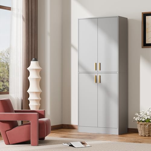 Cozy Castle Kitchen Pantry Cabinet, 71 Tall Wood Storage Cabinet with Doors and Shelves 4 Doors Freestanding Cupboard Utility Hutch for Dining Room Living Room Bathroom Furniture, Gray - Image 39