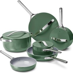 Caraway Deluxe Nonstick Ceramic Cookware Set (16 Piece) Pots, Frying Pans, Lids and Kitchen Storage – PFAS & PFOA Free – Oven Safe Ceramic Pan Set & Compatible with All Stovetops – Sage