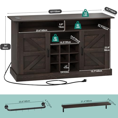 YITAHOME Buffet Cabinet, 47 Farmhouse Coffee Bar with Power Outlet, Floating Shelves, Multi-Functional Storage Sideboard Cabinet for Kitchen and Living Room (Rustic Brown) - Image 9