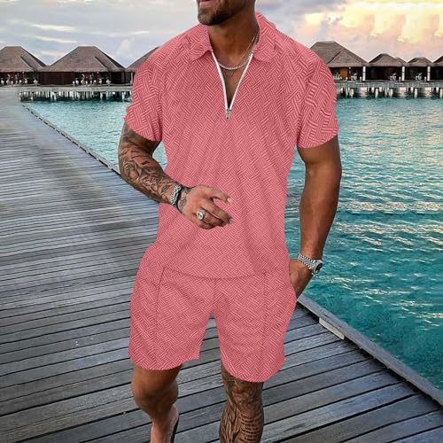 Male Casual Striped Print Two Piece Suit Zipper Short Sleeve Top Blouse Suit Drawstring Pocket Short Set Medium - Image 5