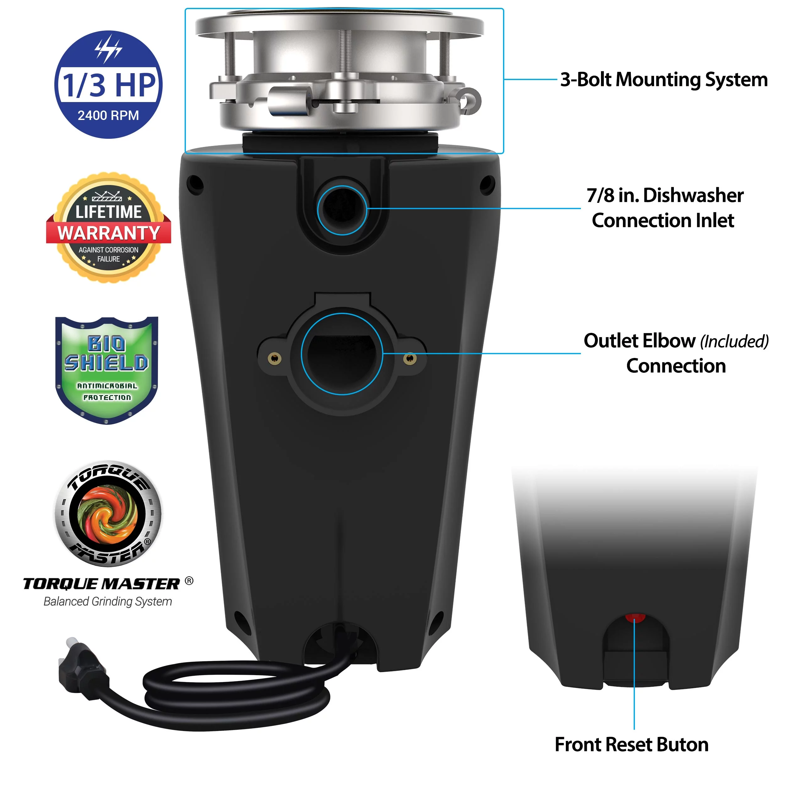 Eco Logic 1/2 HP Garbage Disposal with Attached Power Cord 10-US-EL-5-3B - Image 2