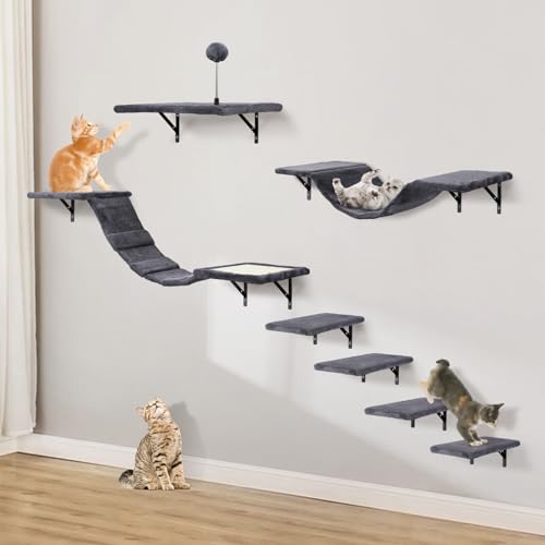Wall-Mounted Cat Climber Set with Climbing Shelves, Perches, Bridge,Hammock,Scratching Board & Ball – 7 Pcs Wood Indoor Cat Furniture for Kittens Play (Beige)