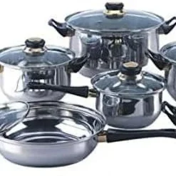 Blackstar 12 Piece Stainless Steel Cookware Set Features Clear Glass Lids And Black Handles (SC-SS003)