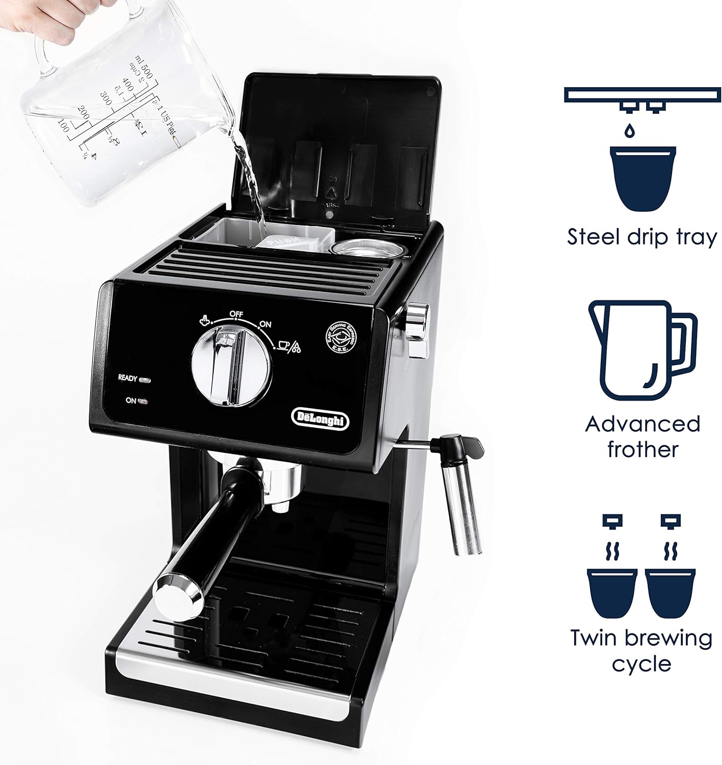 De’Longhi ECP3120 15 Bar Espresso Machine with Advanced Cappuccino System, 9.6 x 7.2 x 11.9 inches, Black/Stainless Steel - Image 2