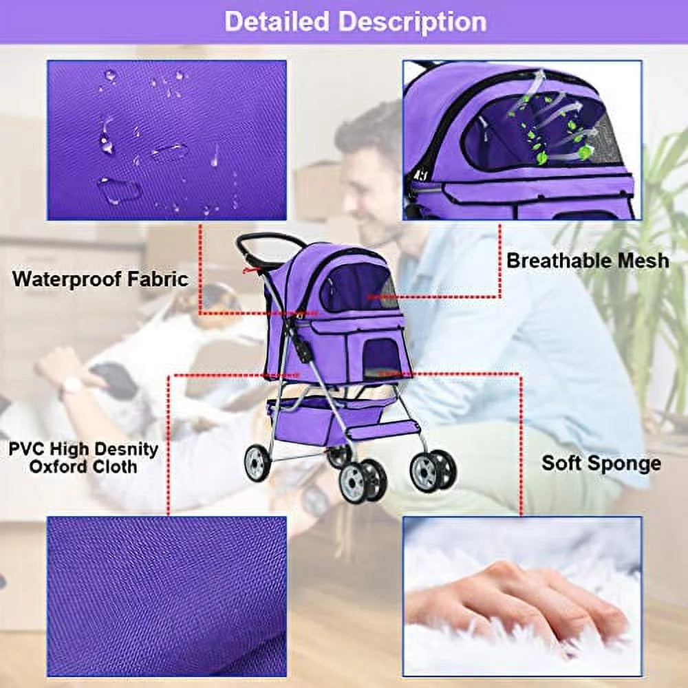 BestPet, Cat Carrier Stroller, 4 Wheels, Purple - Image 4