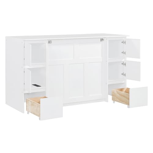 Twin Size Murphy Beds with Charging Station and Storage Drawers, Wood Cabinet Bed Frame, Wall Bed with Outlet & USB Ports for Home Office Studio, White - Image 12