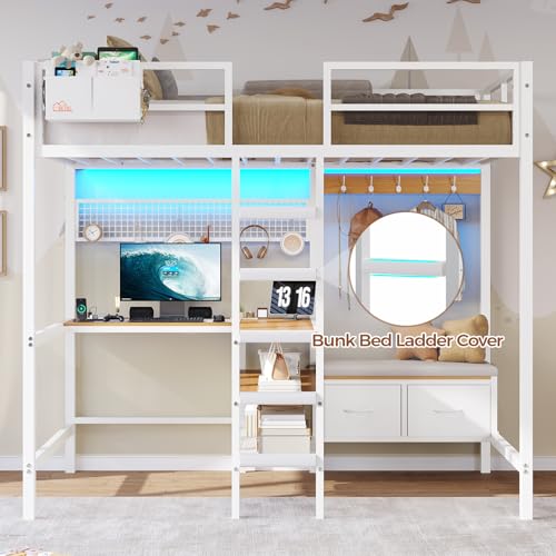 DICTAC Twin Loft Bed with L-Shaped Desk,Storage Shelves and Charging Station Metal Loft Bed Twin Size with LED Lights,Coat Rack with Drawers and Stair,Top Bunk with Safety Guardrail for Teen,Black - Image 12