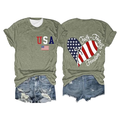 Womens USA Faith Family Freedom 4th of July Shirts Crew Neck Heart Flag Graphic Short Sleeve Tees Festival Gift - Image 2