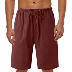 Men’s Linen Casual Classic Short Elastic Waist Summer Beach Lightweight Board Slim-Fit with Pockets Active Running Walk Short